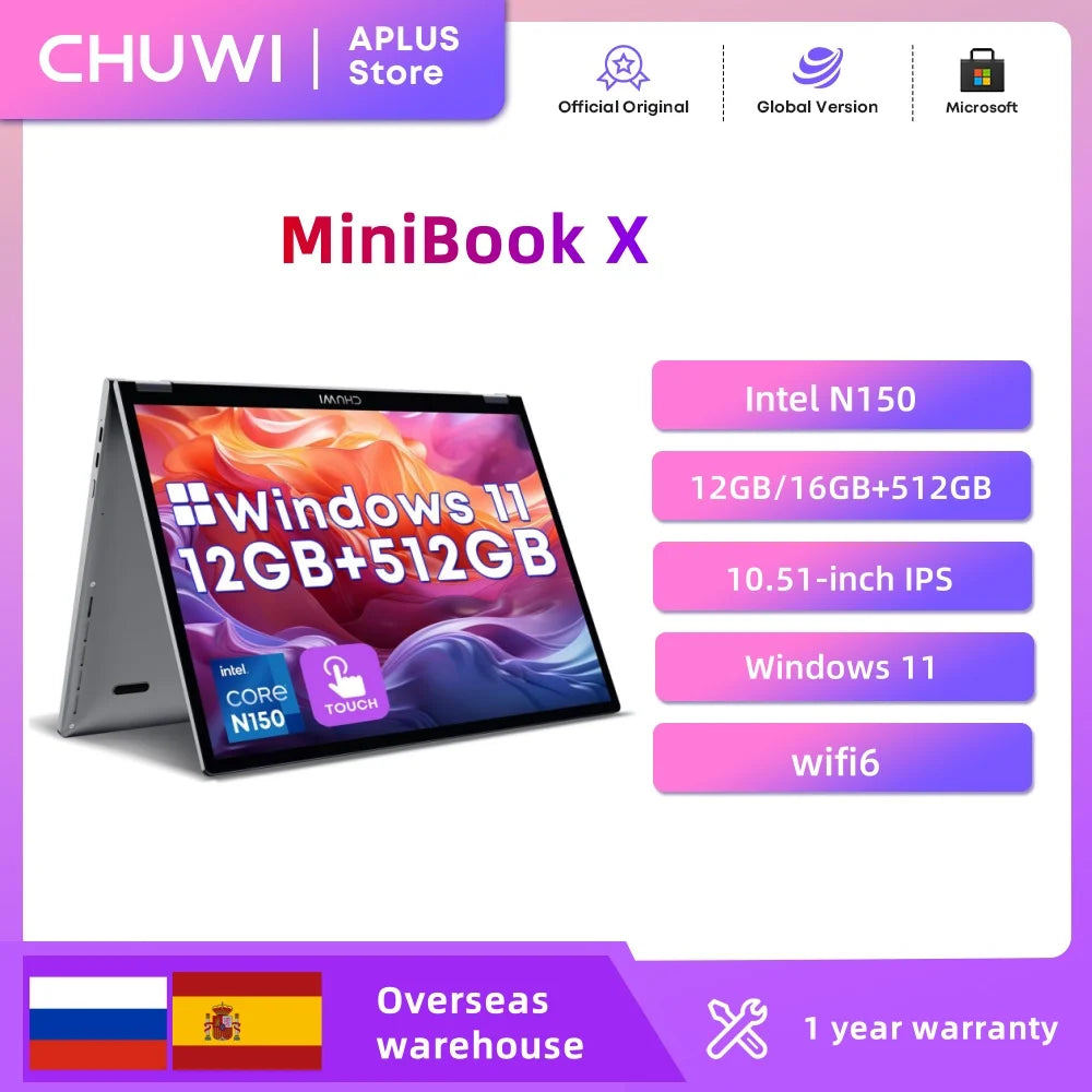 MiniBook X 2-in-1 Laptop Intel N150(up to 3.6GHz) 512GB ROM 12GB/16GB LPDDR5 10.51" 2K FHD IPS Windows 11 Laptops